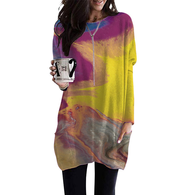 

2021 New Spring and Autumn Women Casual Gradient Pocket T-shirt Digital Print Long-sleeved Retro Female Mini Es Plus Size Jzbn, W-017