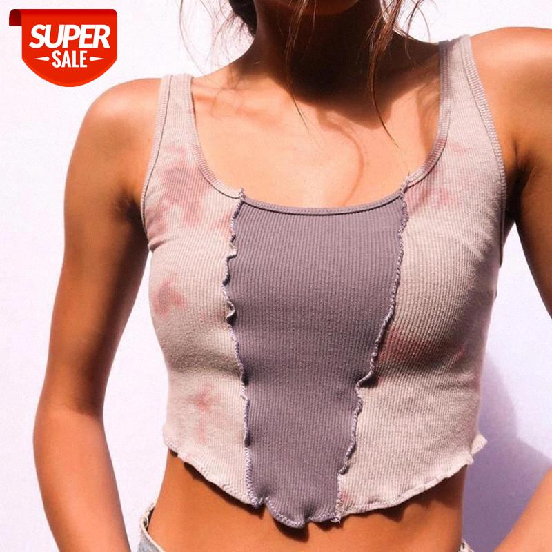 

hirigin 2021 Women's Crop Tops Patchwork Curved Hem Round Neck Blouse Ribbed Vest for Female Sling Vest Tops Young Girls T-shirt #Us1x, White