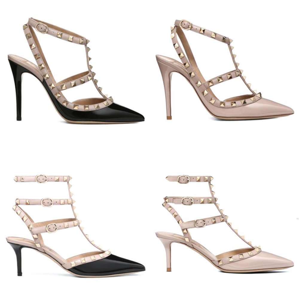 

2021 Women Rockstud High Heels 10cm Flat Sandals Top Leather Strappy Rivet 6.5CM Stilletto Heels Studs Strap Pumps Party Dress Wedding Shoes, Color 1