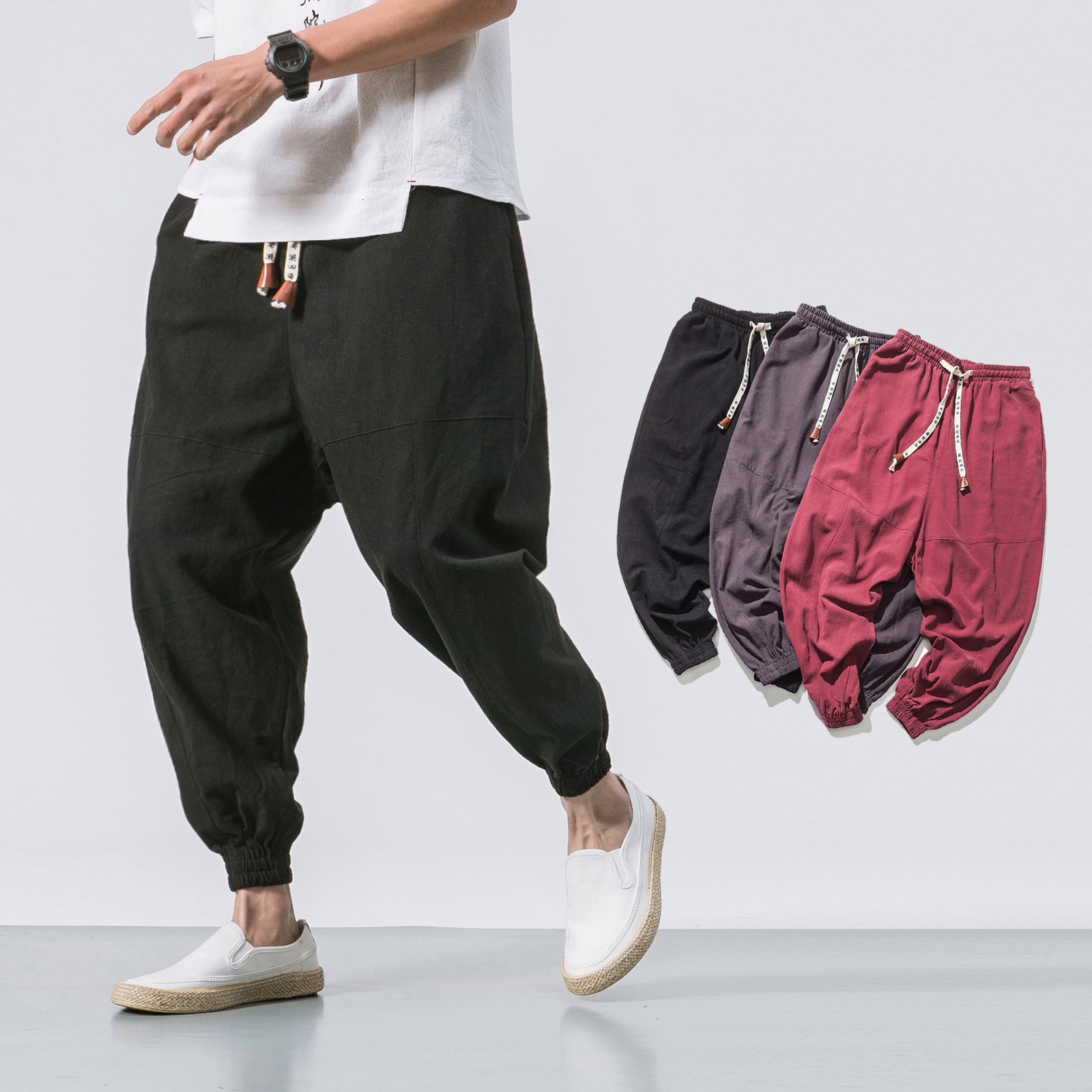 

Men Harem 2021 New Fashion Hip Hop Streetwear Man Casual Loose Pants Cotton Linen Male Trousers Dropshipping Kz3q 9z2a, Red