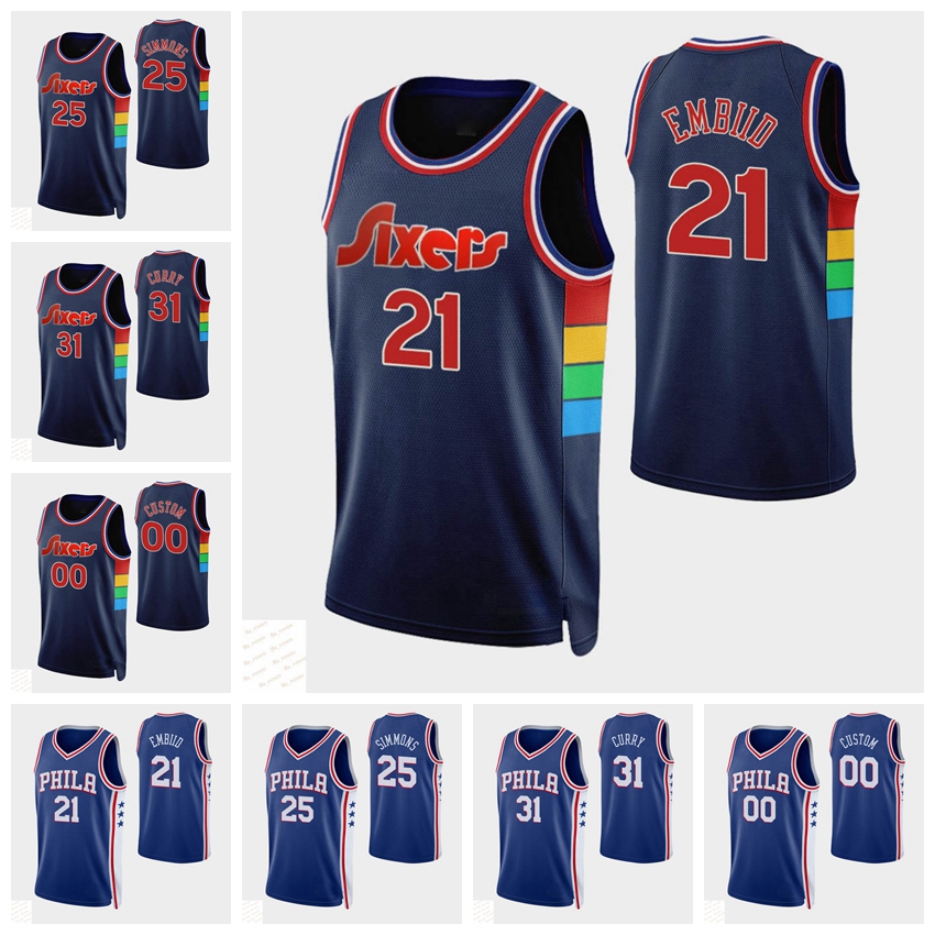 

Philadelphia76ersMEN Seth Ben Simmons Joel Embiid Curry 2021-22 Basketball 75th Diamond Royal Jersey