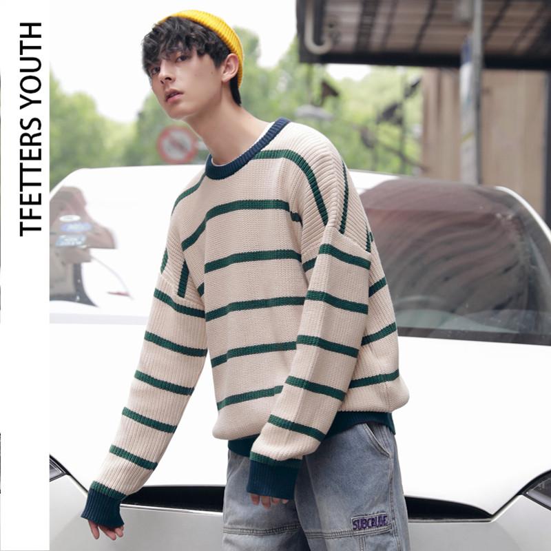 

Men's Sweaters Brand Men Clothing 2021 Fashion Sweater Autumn Casual Preppy Style Oversize Round Neck Striped Knitted, White;black