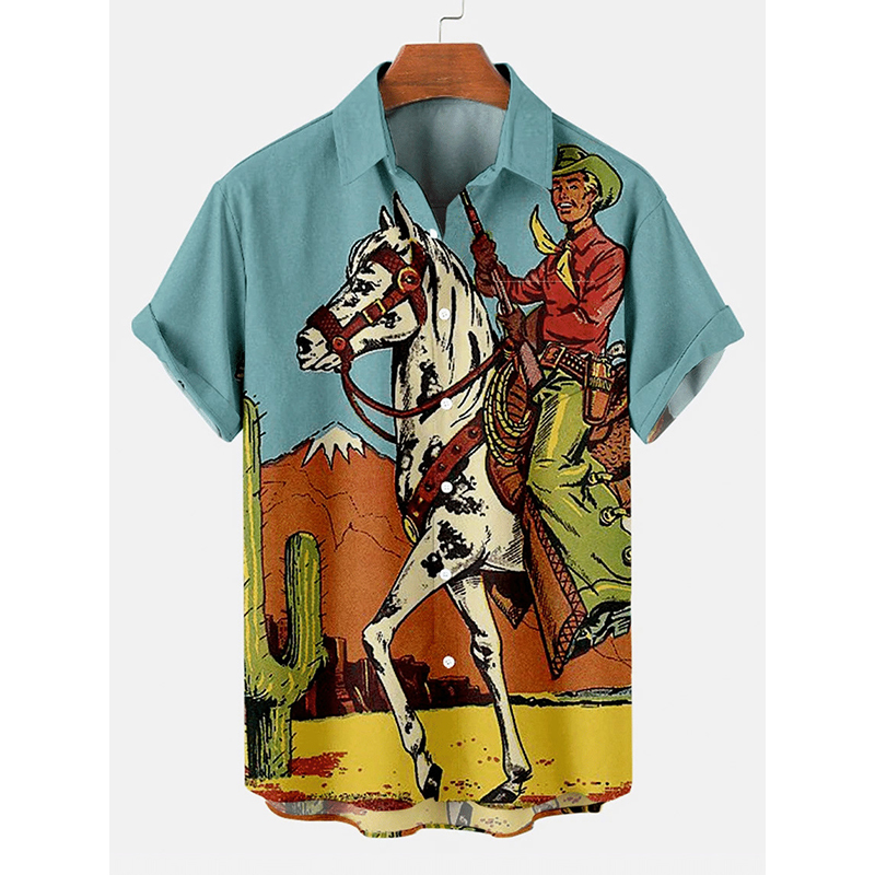 

Strong horse print Hawaiian style men's short-sleeved shirt party beach daily casual top, White;black