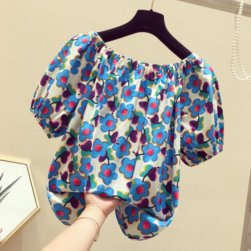

Women's Blouses & Shirts Slash Neck Floral Women Blouse Summer 2021 Straight Elegant Office Lady Pulls Tops, Blue