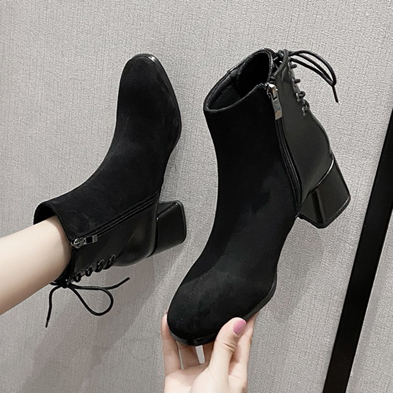 

2021 New Faux Suede High Heels Ankle for Women Fashion Cross Strap Pointed Toe Short Boots Woman Elegant Winter Shoes Lady Rf6k, Black