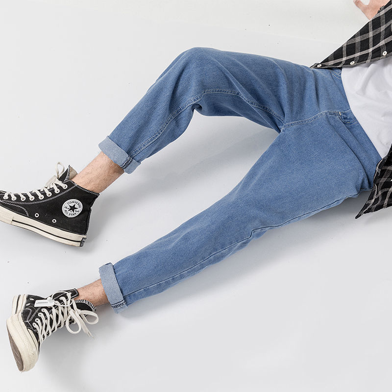 

2021 New Men Blue Streetwear Loose Male Korean Style Cotton Ankle-length Pants Hare Casual Straight Jeans 8az7