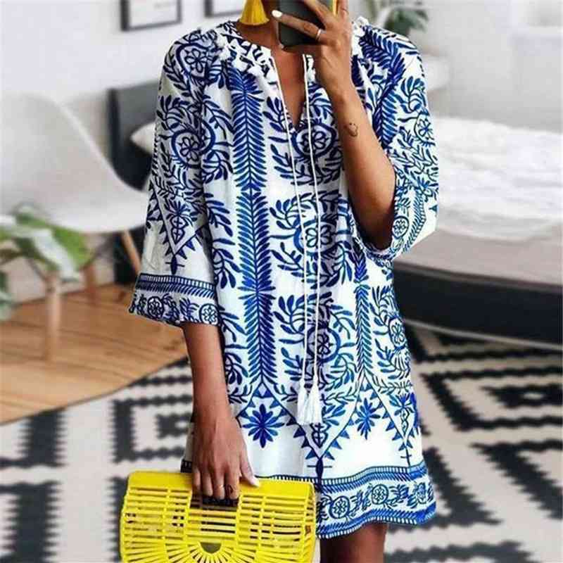 

geometric print bohemian dress women's summer beach half open collar mid length skirt, Black;gray