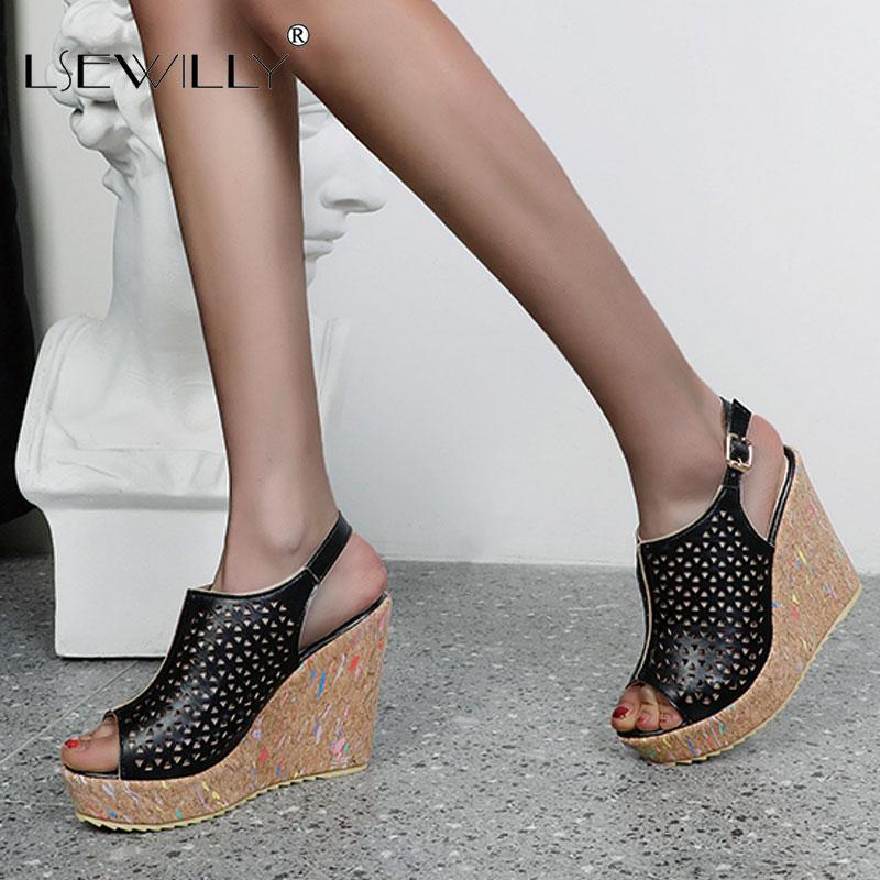 

Lsewilly 2021 New Brand fashion summer sandals top quality pu leather peep toe women shoes sexy wedges platform party shoes, Black
