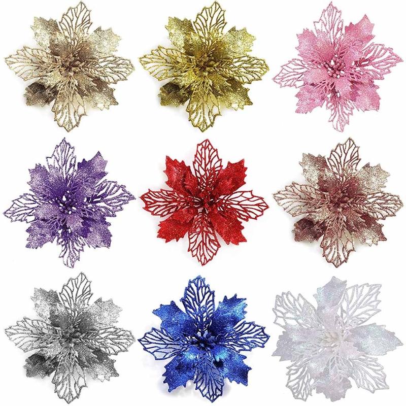 

Christmas Decorations Glitter Artificial Hollow Poinsettia Flower Xmas Party Festival Wedding Decor Dropship