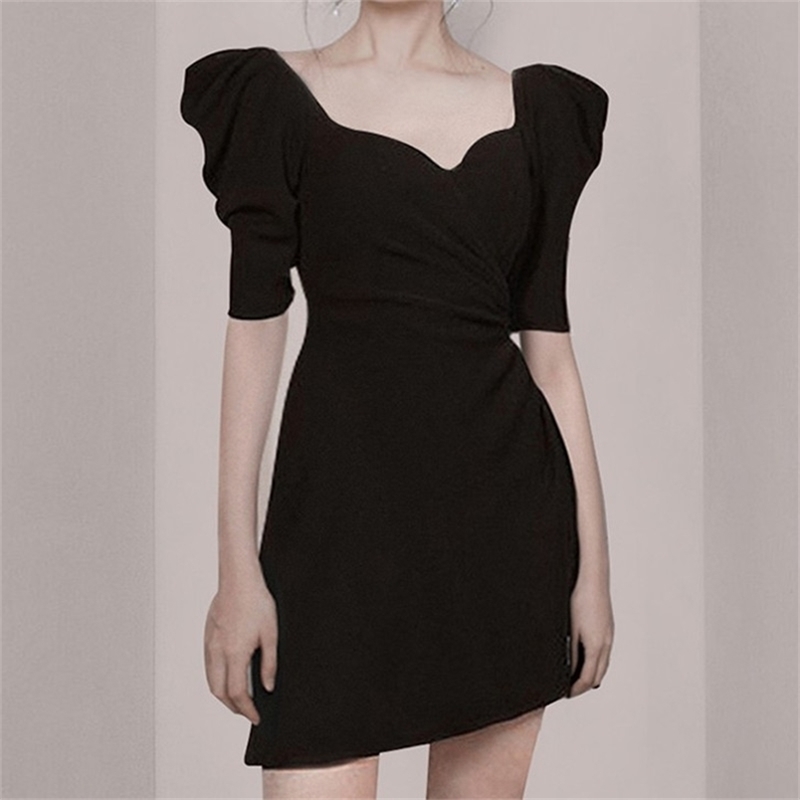 

Women High Slit Dress Vintage Solid A Line Sexy es Short Sleeve Square Neck Casual Midi Party Summer 210603, Picture color