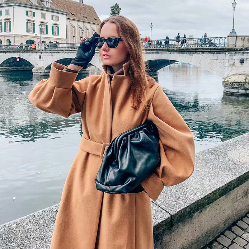 

2021 Khaki Lantern Notch Collar Belt Wasit X-long Wool Mixtures Elegant Woman's Jacket Office Lady New Warm Winter Outerwear D6uf, Camel