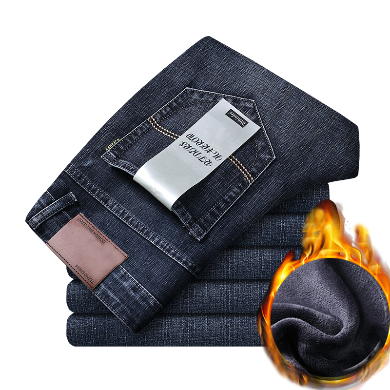 

2021 Fleece Warm Men's New Straight Winter Classic Business Casual Thickening Elastic Brand Pants Blue Black Jeans Pfz2, Black -201