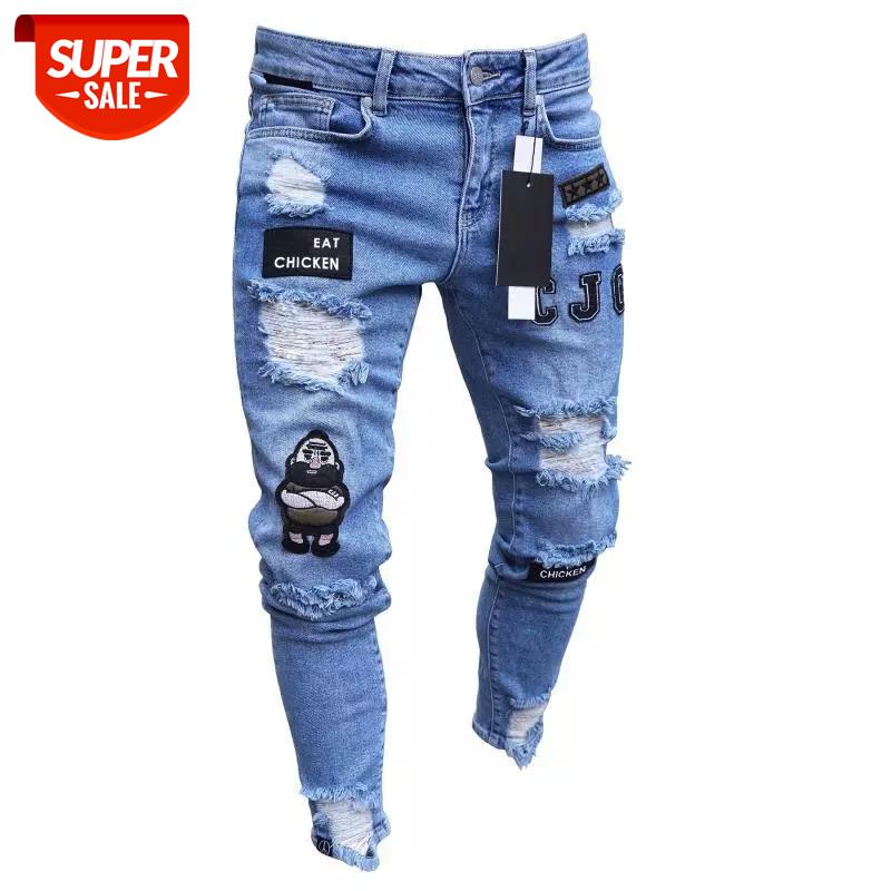 

2020 Men Stylish Ripped Jeans Pants Biker Slim Straight Hip Hop Frayed Denim Trousers New Fashion Skinny Jeans Men European Size #bf7D, Black