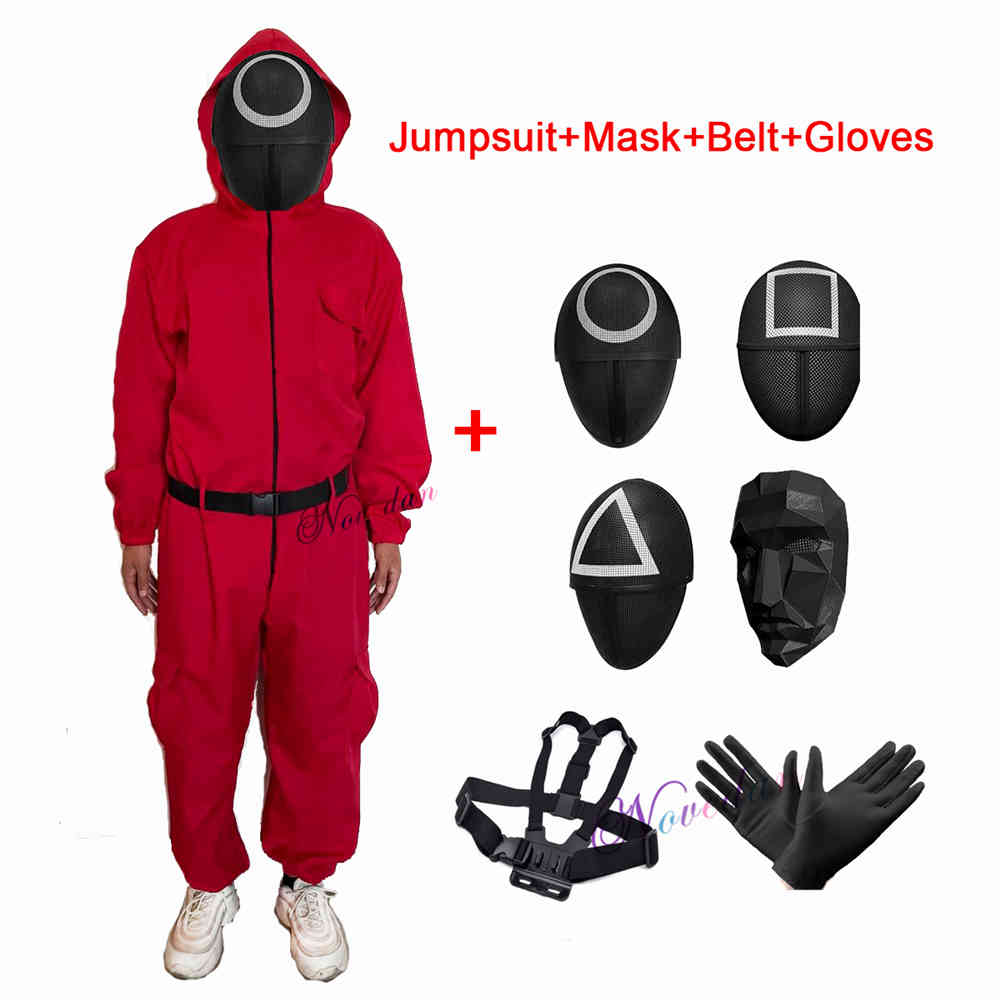 

New Squid Game Villain Red Jumpsuit Cosplay Costume Halloween Party Round Six Mask Suit For Men Women Kids 1022, Black;red