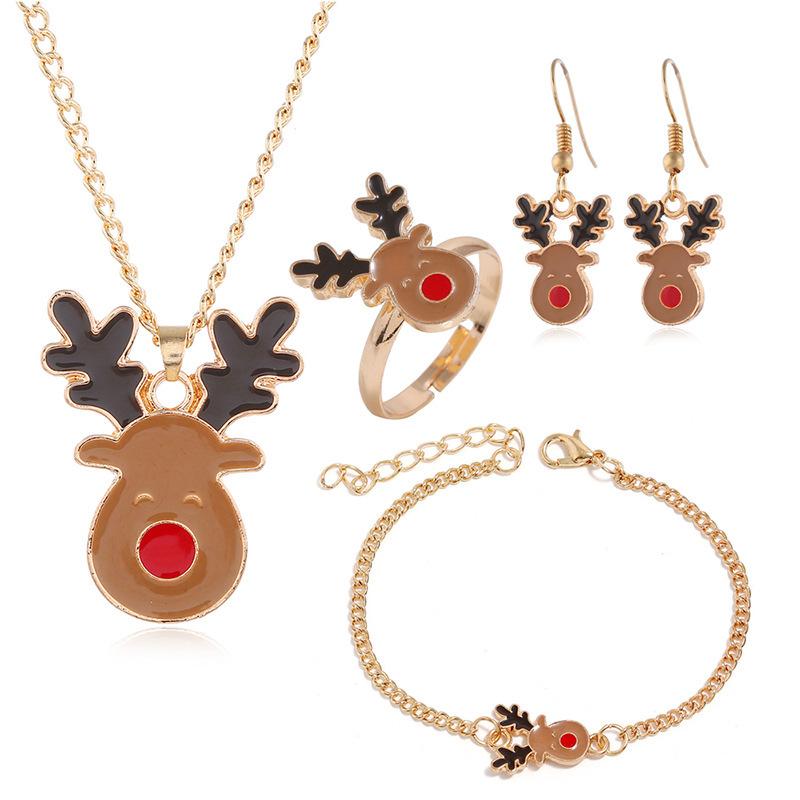 

Stud Set Cartoon Elk Oil Dripping Christmas 4-piece Earrings Bracelet Necklace, Golden;silver