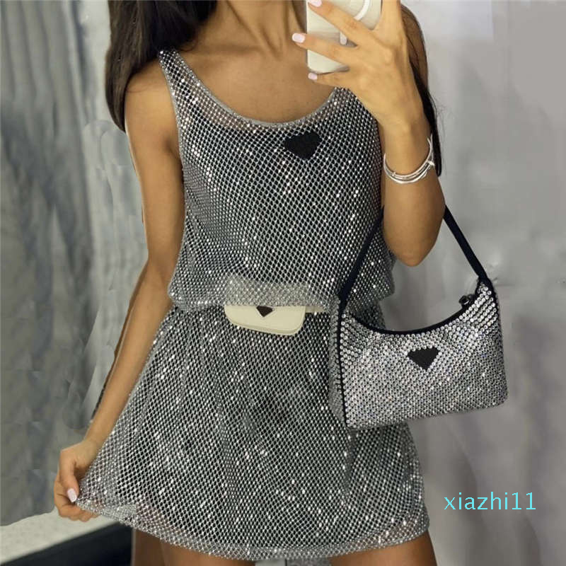 

Shiny Rhinestone Mesh Vest Dresses With Base Skirt Designer Brand Ladies Party Night Club Silver Dress