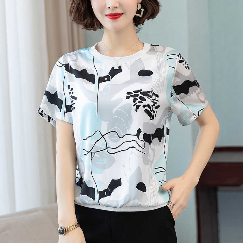 

Women's Vintage Shirt Chiffon Blouse for Women Satin Summer Printing O-neck Embroidery Top Female Basic s 210604, Yellow