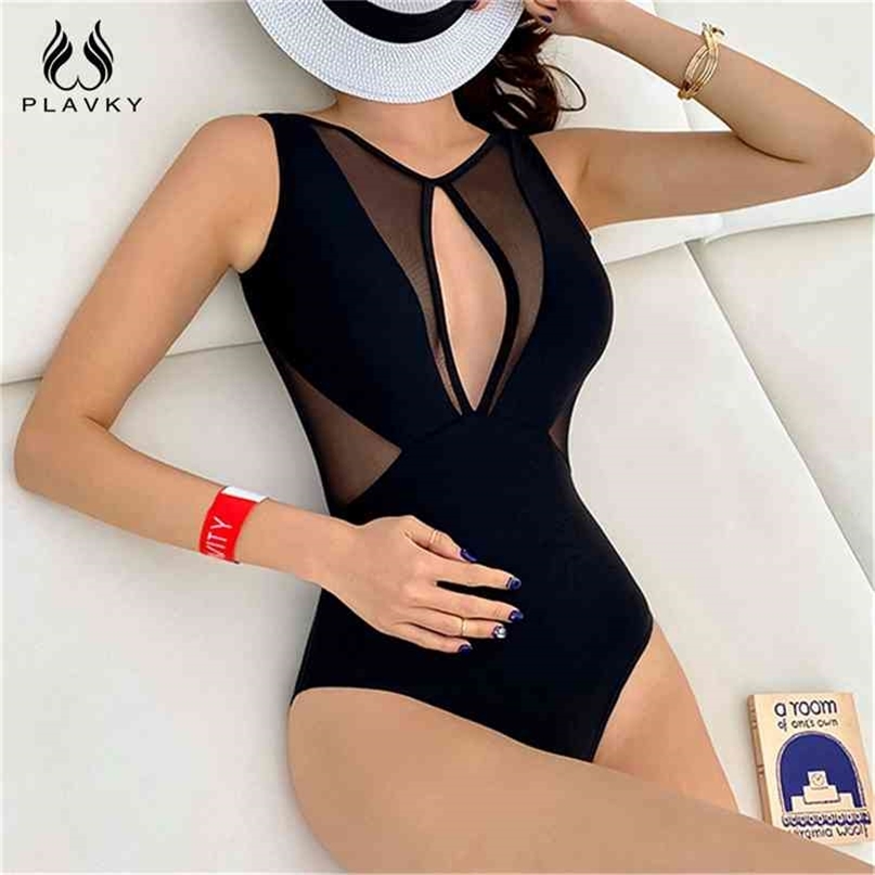 

PLAVKY Sexy Black Mesh Cut Out Swimsuit Women High Neck Swim Bathing Suit Woman Bodysuit Swimwear Monokini 210702, Black swimsuit