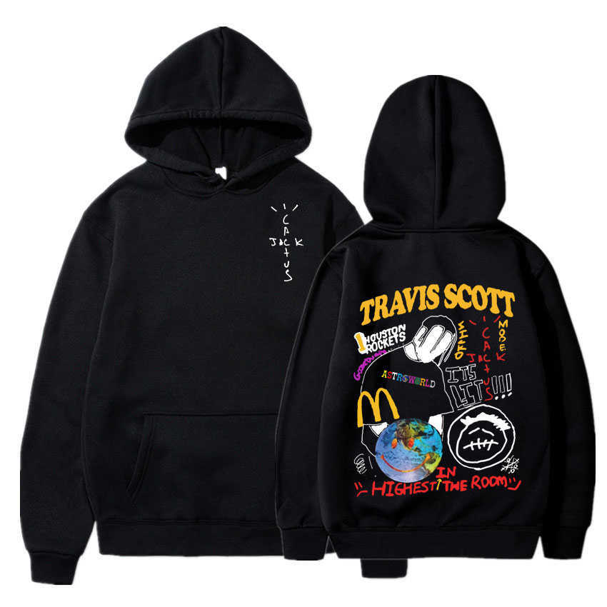 

Men's and Women's Hoodies, Cactus Printed Casual Sweaters, Jack, Space World, Hip Hop, Travis Scott, Black