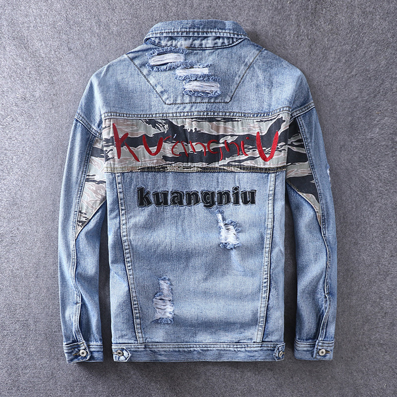 

2021 New Fashion Streetwear Blue Color Destroyed Ripped Denim Hombre Camouflage Spliced Embroidery Hip Hop Jacket Men Lmk0
