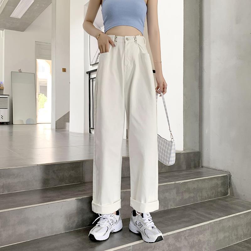 

2021 New White High-waisted Women Hare Cotton Streetwear Office Lady Korean Style Loosey Pants Straight Wl62