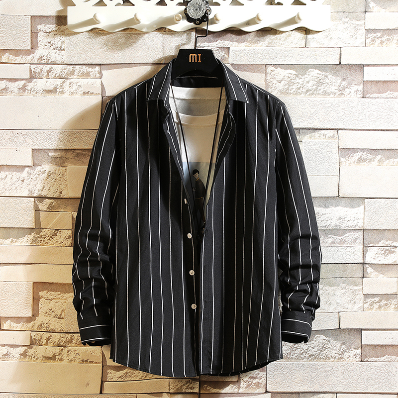 

2021 New Casual Spring Autumn Stripe Shirt Men Long Sleeve High Quality Loose Streetwear Plus Size -5xl Clothes Lfyq, Black