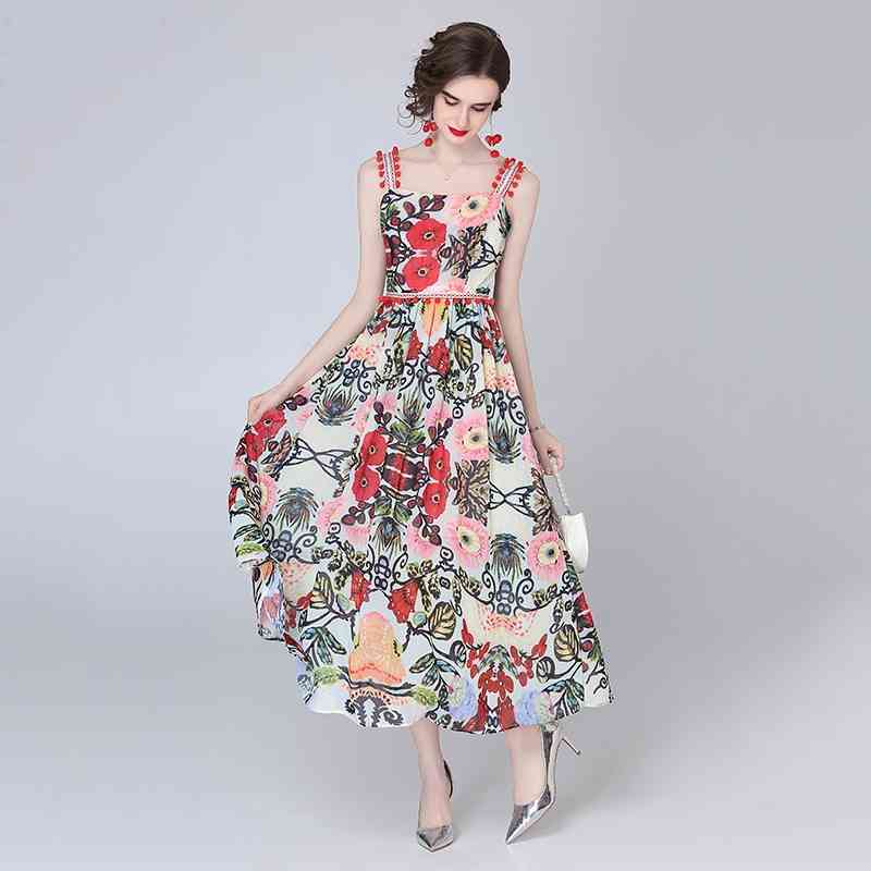 

Banulin Summer Runway Vacation Beach Dress Women's Tassel Spaghetti Strap Backless Floral Print Holiday Chiffon B61146 210603, Mixed color