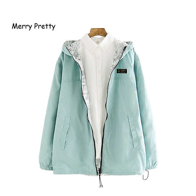 

MERRY PRETTY Autumn Women Bomber Basic Jacket Pocket Zipper Hooded Two Side Wear Cartoon Print Outwear Loose Coat 210526, Turquoise