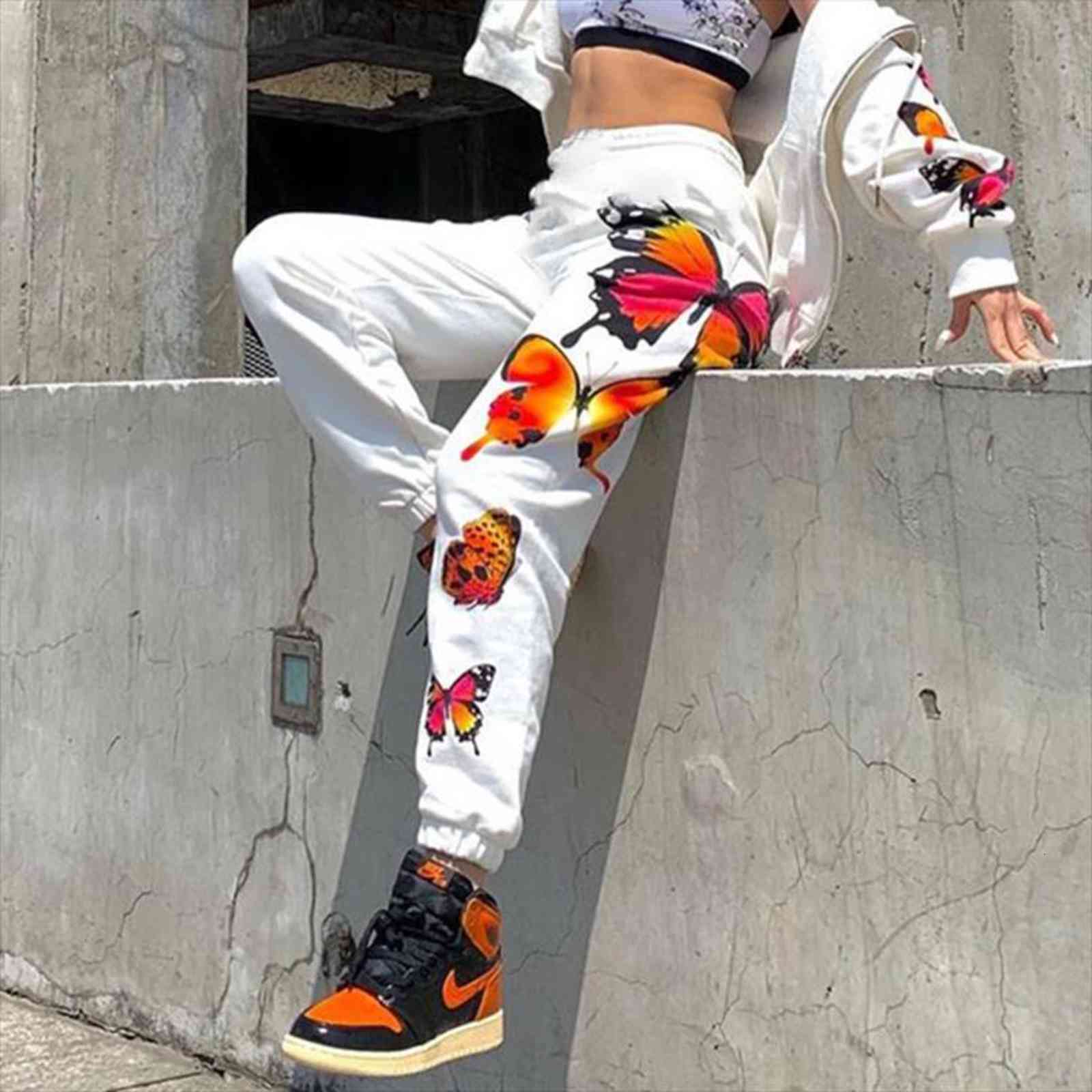 

white casual loose track women capri joggers high waist sweatpants butterfly print harajuku long trousers streetwear, Black;white