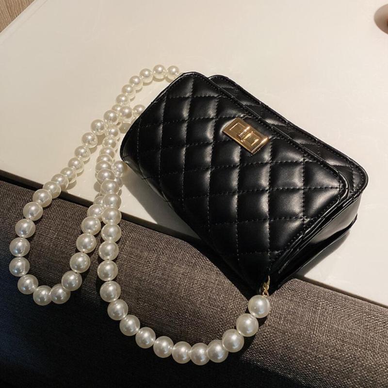 

Lattice Flip Messenger bag 2021 Fashion New High quality PU Leather Women's Designer Handbag Pearl strap Shoulder Messenger Bag, Black