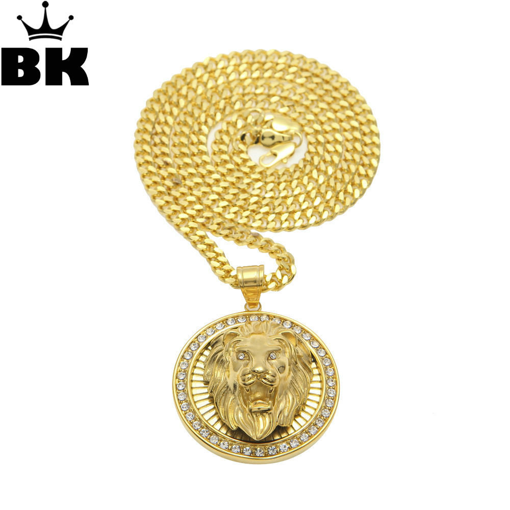 

Mens HipHop Jewelry Iced Out Gold Color Fashion Bling Lion Head Pendant Men Necklace Gold Filled For Gift/Present X0509