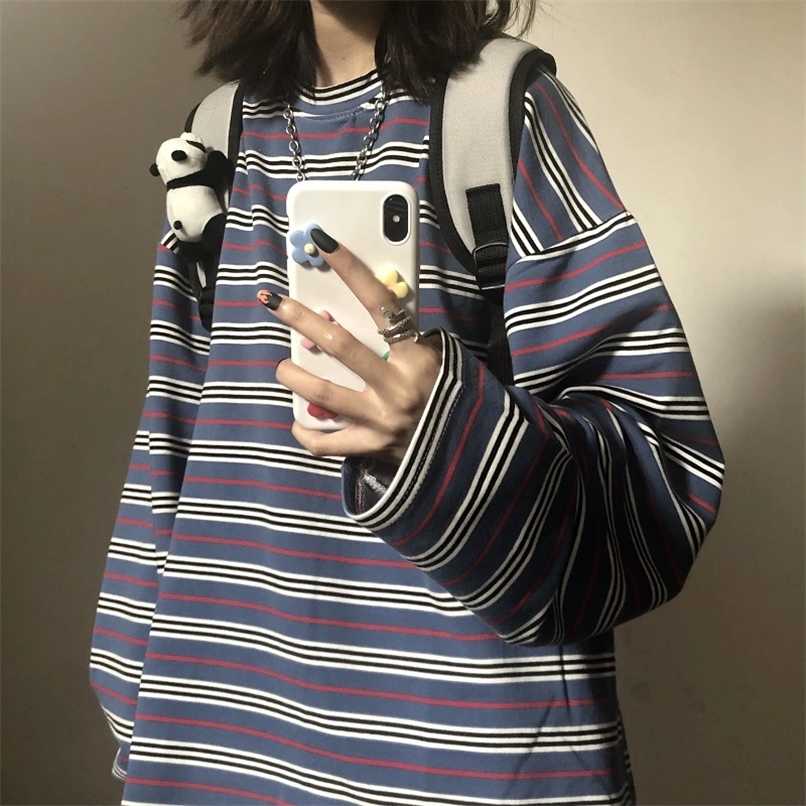 

Spring Autumn female Casual O-Neck stripe Tees harajuku Loose hoodie Women Long Sleeve Oversize top Hip Hop Sweatshirt ins 211109