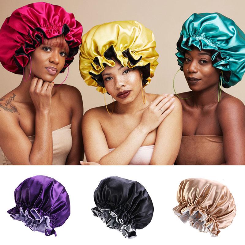 

Berets Fashion Women Satin Night Sleep Cap Hair Bonnet Hat Silk Head Cover Elastic Band Nightcap Bath Spa De Nuit, Black