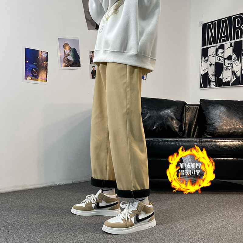 

2021 New Fleece Men Solid Straight Mens Thick Warm Trousers Fashion Khaki Winter All-match Casual Male 4gus