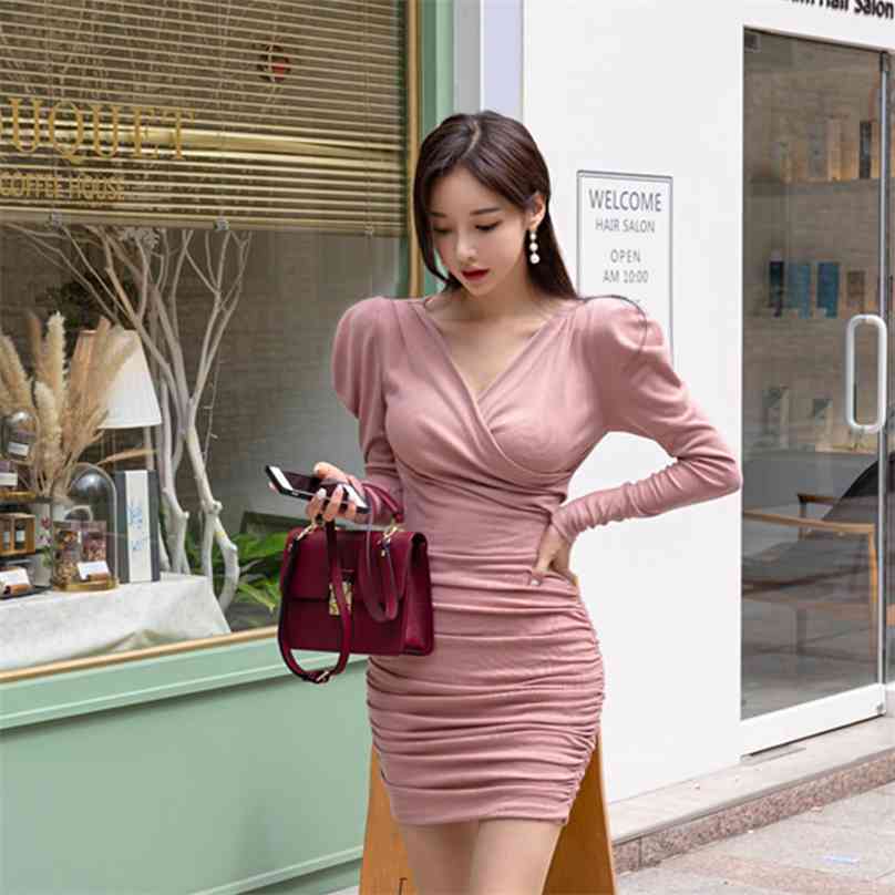 

Pink Dress for women Summer Long Sleeve V neck Cotton Ladies Formal Sexy Party Mini Dresses 210602