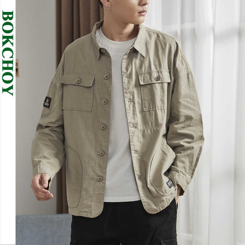 

Vintage men's shirt lapel Multi-pocket Work youth Loose cotton men long sleeve Safari Style Thin 210721, Navy blue