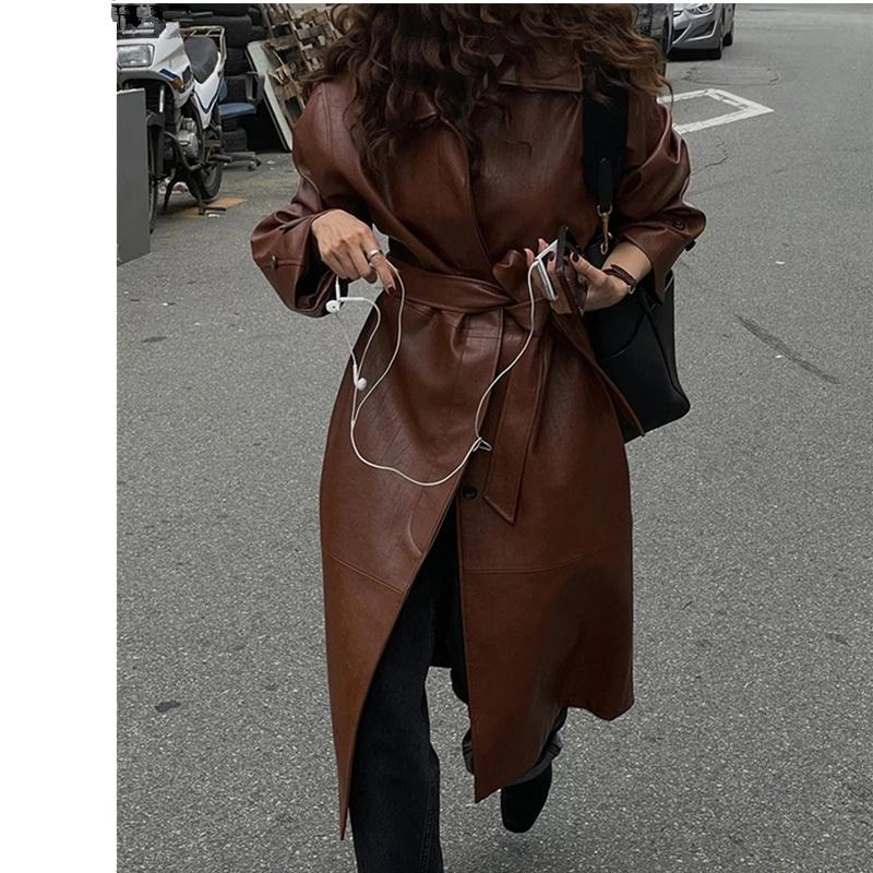 

Women's Trench Coats Autumn Winter Pu Leather Women Ladies Solid Long Loose Female Casual Windbreaker Outerwear 2021, Tan;black