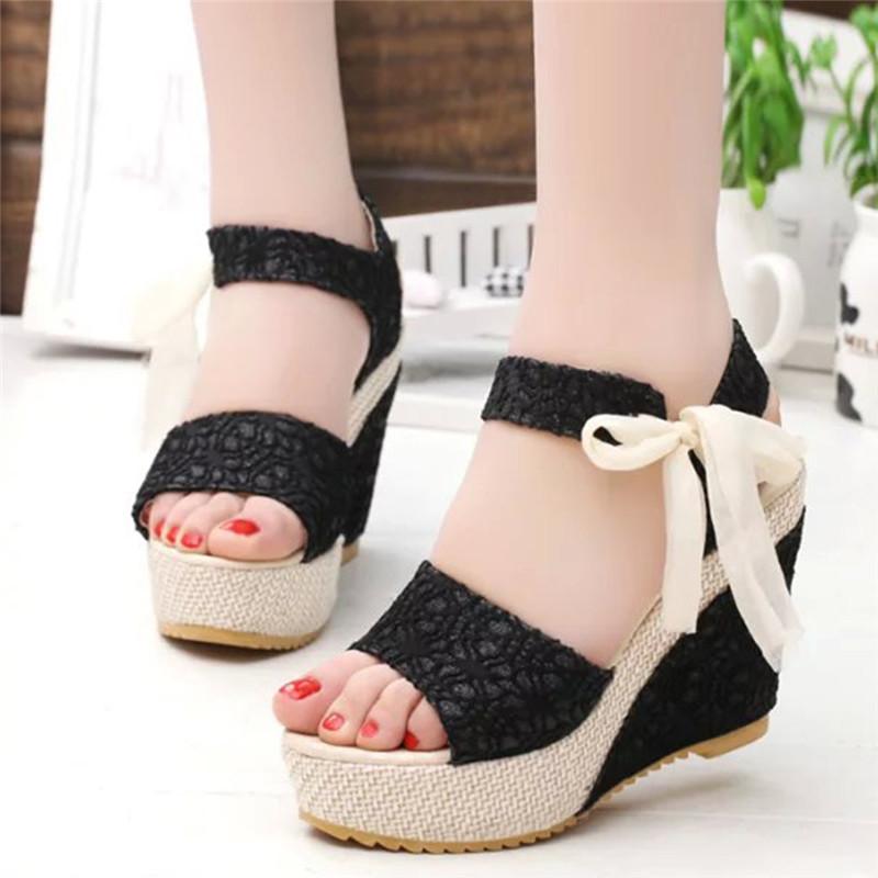 

Women Fashion Summer Platform Wedge Sandals Ankle Strap Fish Mouth Espadrilles Sandals Sandalias Femininas Sandalen Sandales, Black