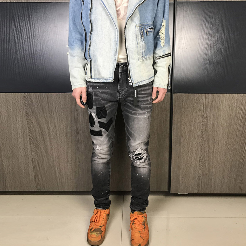 

2021 New Fashion Streetwear Men Jeans Retro Black Gray Elastic Slim Fit Ripped Denim Punk Pants Hombre Patches Designer Hip Hop Trousers Isw