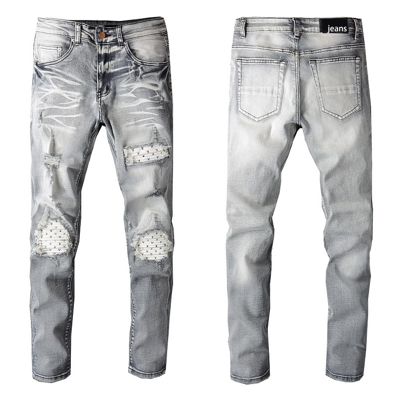

Trendy Brand Hip-hop High Street Gray Embroidered Patch Patch Stretch Slim Fit Jeans with Holes, Blue