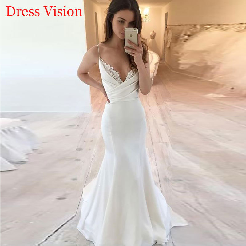 

2021 Lace V-neck Elegant Satin Mermaid Wedding Robe De Marie to Be Long Bride Gown 4vd1, Ivory