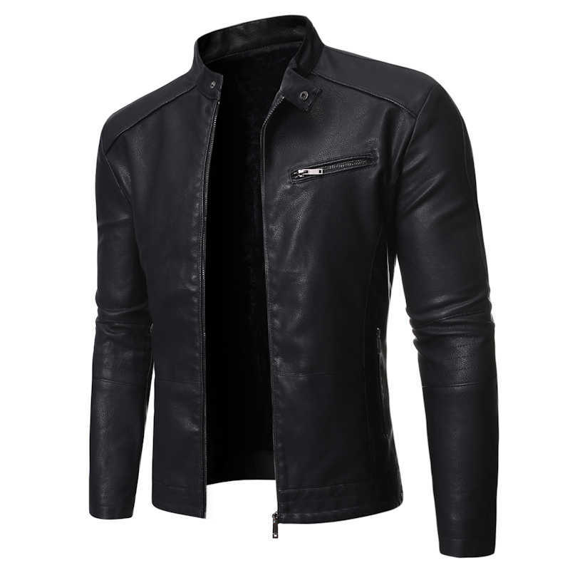

Autumn Winter High Quality Men's Solid Color Stand Collar Zipper Pocket Slim Motorcycle Fleece Long Sleeve Leather Jacket 211018, Yellow