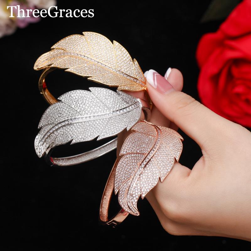 

Bangle ThreeGraces Trendy Large Leaf Shaped High Quality Gold Color CZ Crystal Wedding Open Cuff Bangles For Brides Jewelry BA016, Black