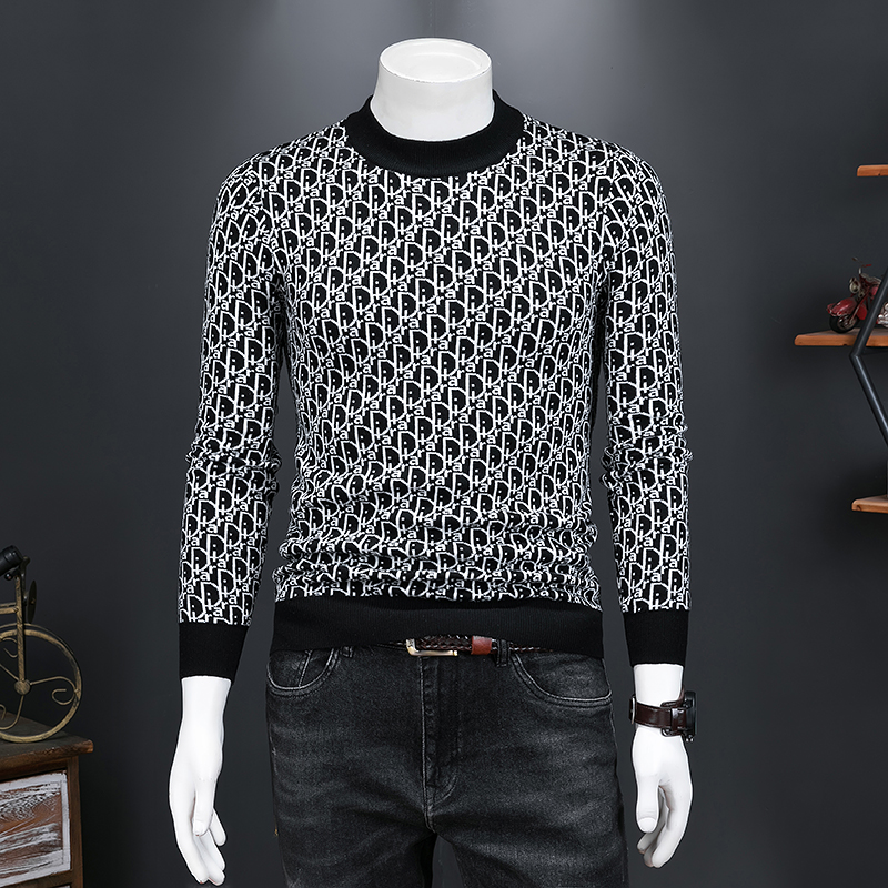 

Round neck sweater men's spring and autumn models 2021 new printing loose trend winter thick knitted bottoming shirt top, White;black