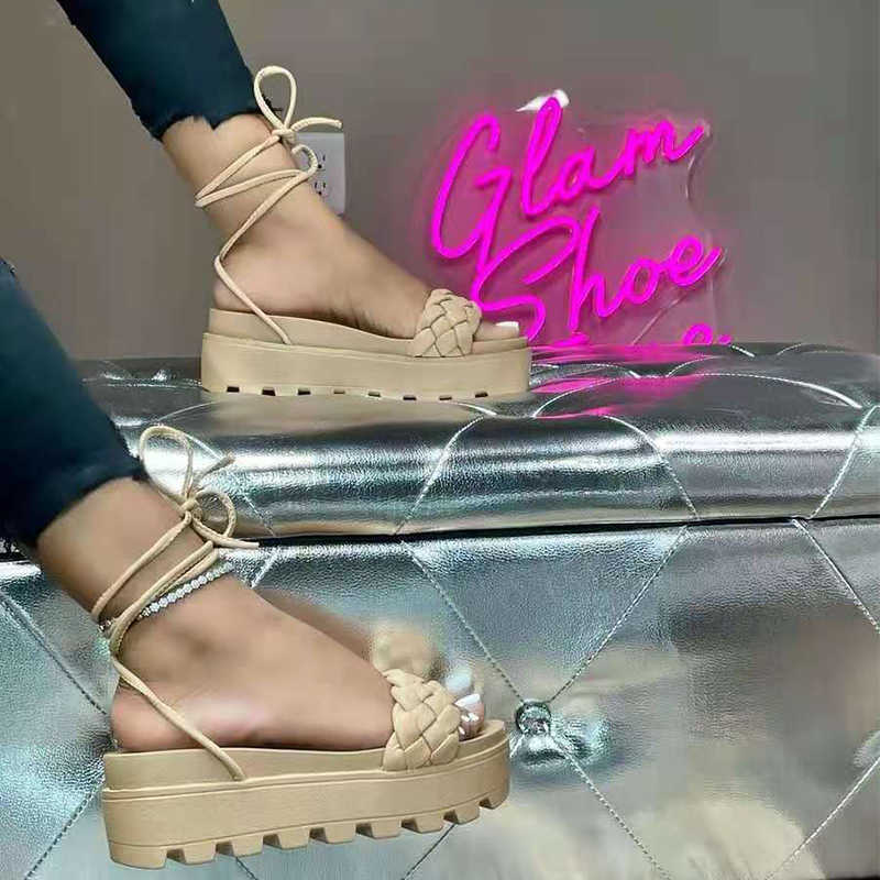 

2021 Women Gladiator Weave Sandals Female Cross Strap Platform Flat Ladies Casual Open Toe Shoes Woman Summer Sandalias Big Size Y0721, Khaki