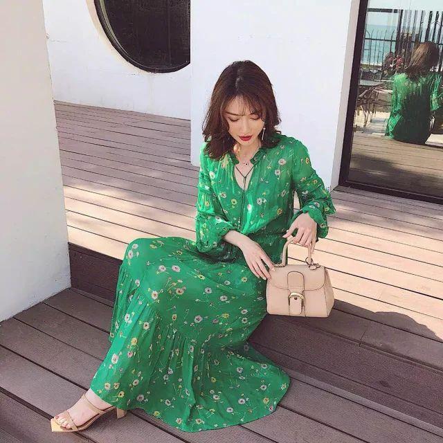 

Casual Dresses Women Dress 2021 Green Printed Silk Beach With Suspenders, As pic