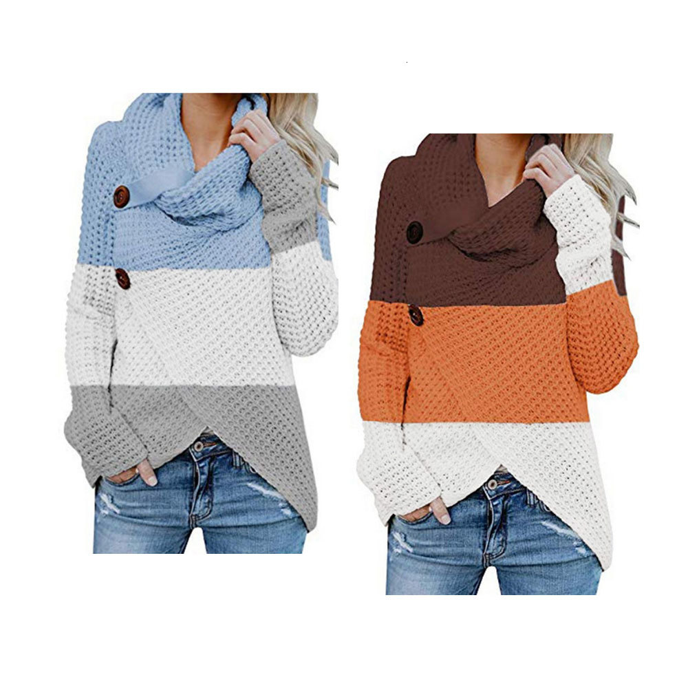 

2021 New Vintage Turtleneck Knitted Winter Button Irregular Patchwork Harajuku Sweater Plus Size Hit Color Pullovers Women Jumper F0r1, As photo