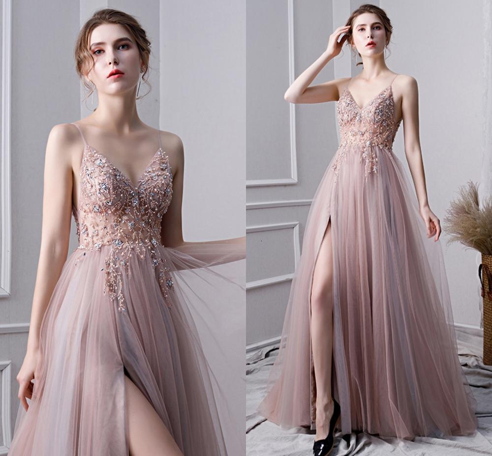

2021 New V-neck Evening Es Floor Length Vestido Festa Luxury Prom Party Gown Beads Bean Pink Robe De Soiree Ydg9, Black