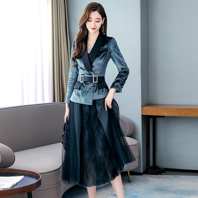 

New Female Golden Velvet Small Blazer 2 Piece Temperament Was and Thin Waist Ladies on Knee Knitted Skirt Suit Abfg