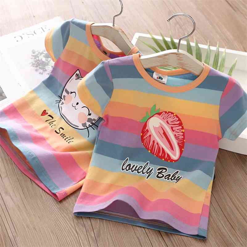 

Summer 2 3 4 5 6 7 8 9 10 Years Children Cotton Cartoon Short Sleeve Colorful Stripe Basic T-Shirt For Baby Kids Girls 210701